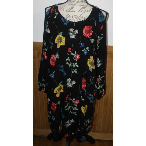 Old Navy Black Floral Cold Shoulder Dress with Pleated Bodice SzXL Keyhole - Picture 1 of 10